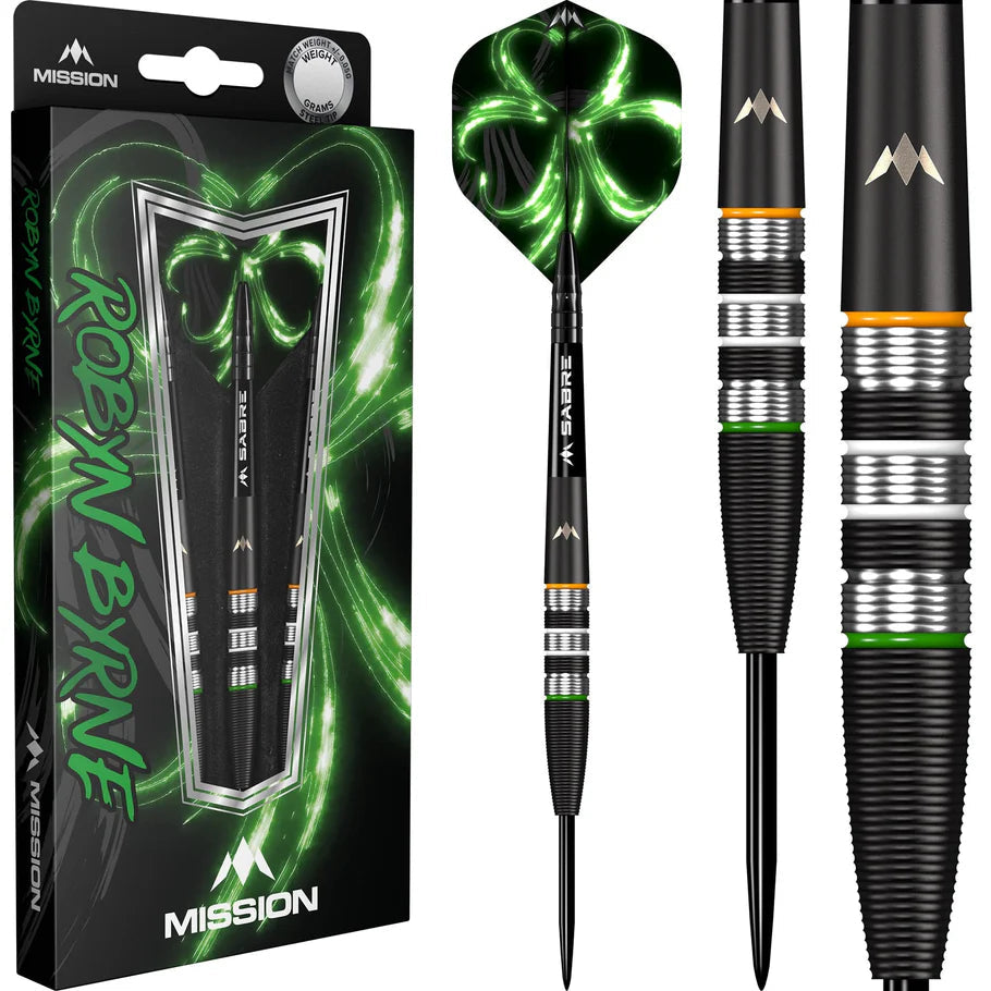 Black titanium darts set with green clover flights, close-up barrel grip texture, and full packaging display for steel tip darts