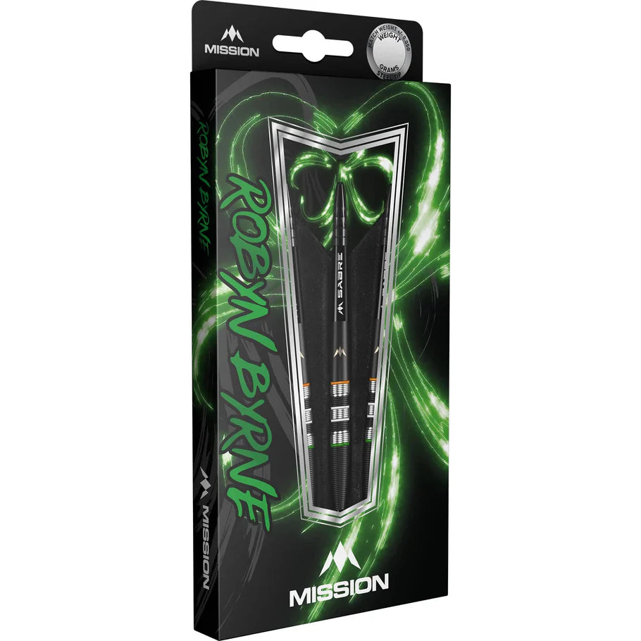 Black titanium darts set in display packaging, full product view, showing barrel detail and modern dart box design