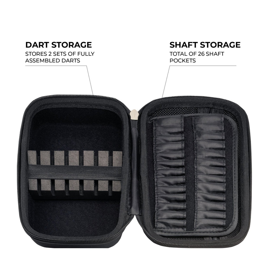 Top-down view of open dart case with foam slots for darts and 26 shaft pockets, ideal dart storage and protection accessory.