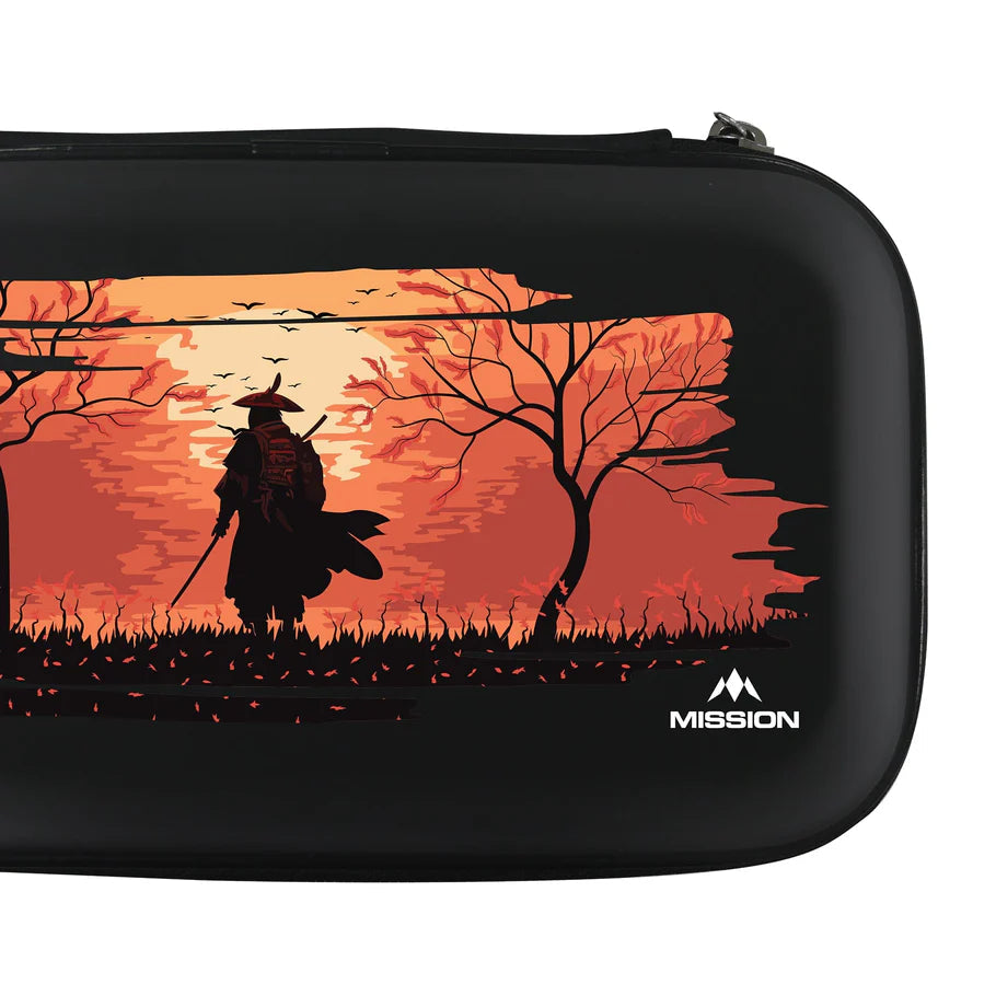 darts case with samurai and sunset artwork, full product view, isolated on white, durable EVA dart storage case