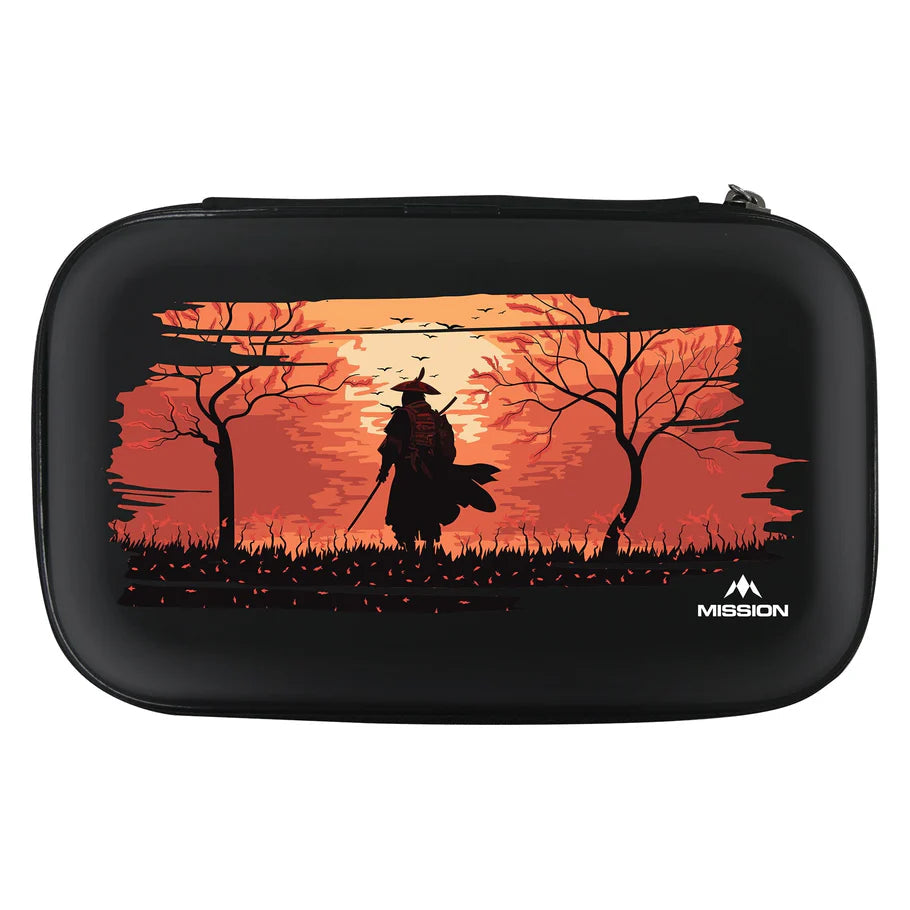 Full view EVA darts case with samurai sunset graphic, sturdy protective design for storing assembled darts and accessories