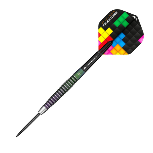 Angled full view of 95% tungsten dart with precision ringed barrel grip and colorful pixel pattern flight, isolated on white background
