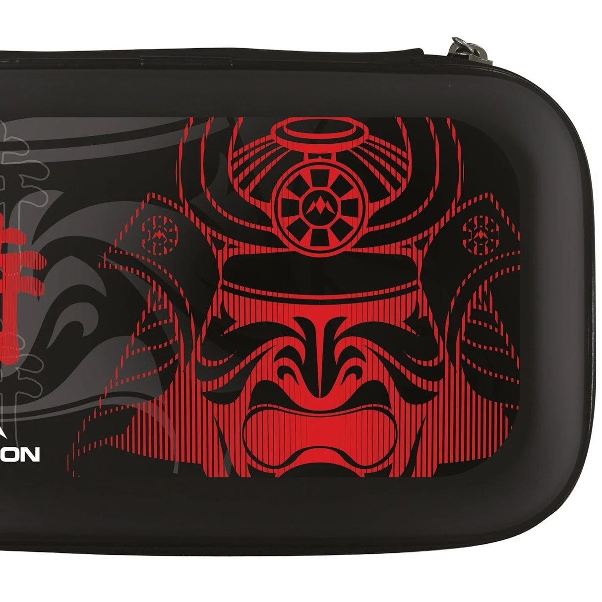 Close-up of Samurai 2 red dart case showing detailed red samurai helmet design on black EVA hard shell