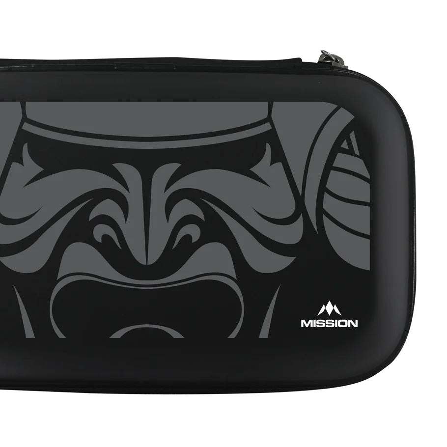Close-up of Samurai Grey darts case front, featuring bold grey samurai artwork on durable EVA shell, ideal for storing and protecting darts