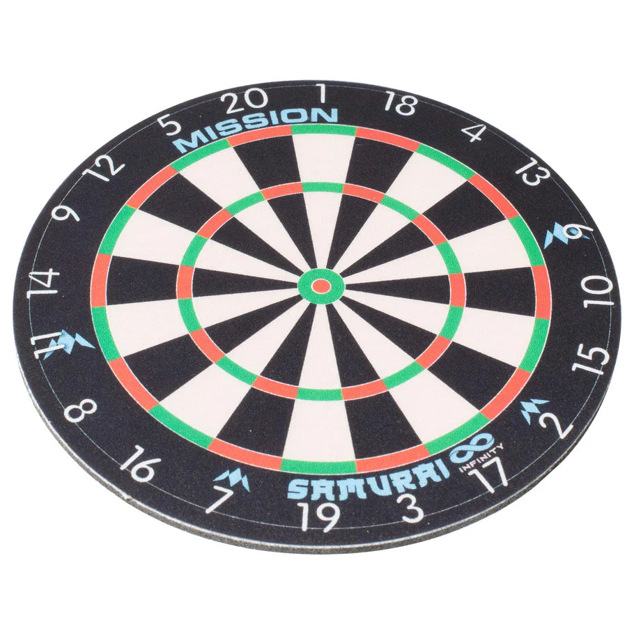 Round dartboard coaster with detailed numbered segments and infinity graphic, angled view on white background