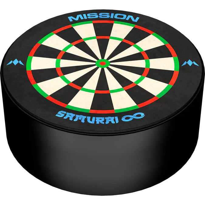 Angled view of Samurai Infinity darts base station showing full round dartboard design on black display stand, isolated on white background