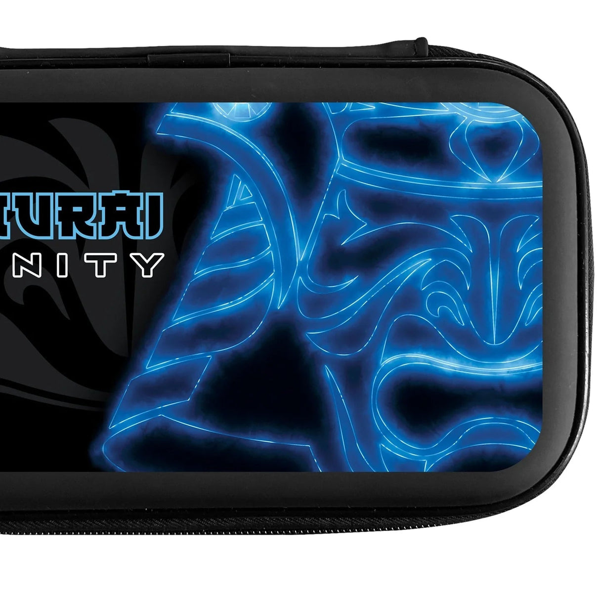 Close-up of EVA darts case with blue Samurai mask graphic and bold neon design, highlighting durable dart storage style
