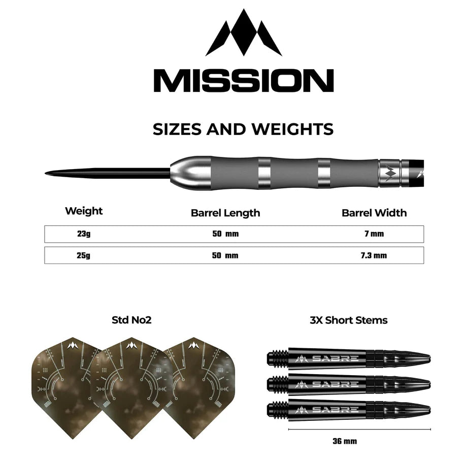 Top-down view of steel tip dart showing full barrel, three standard flights, three short stems, and size chart for tungsten darts