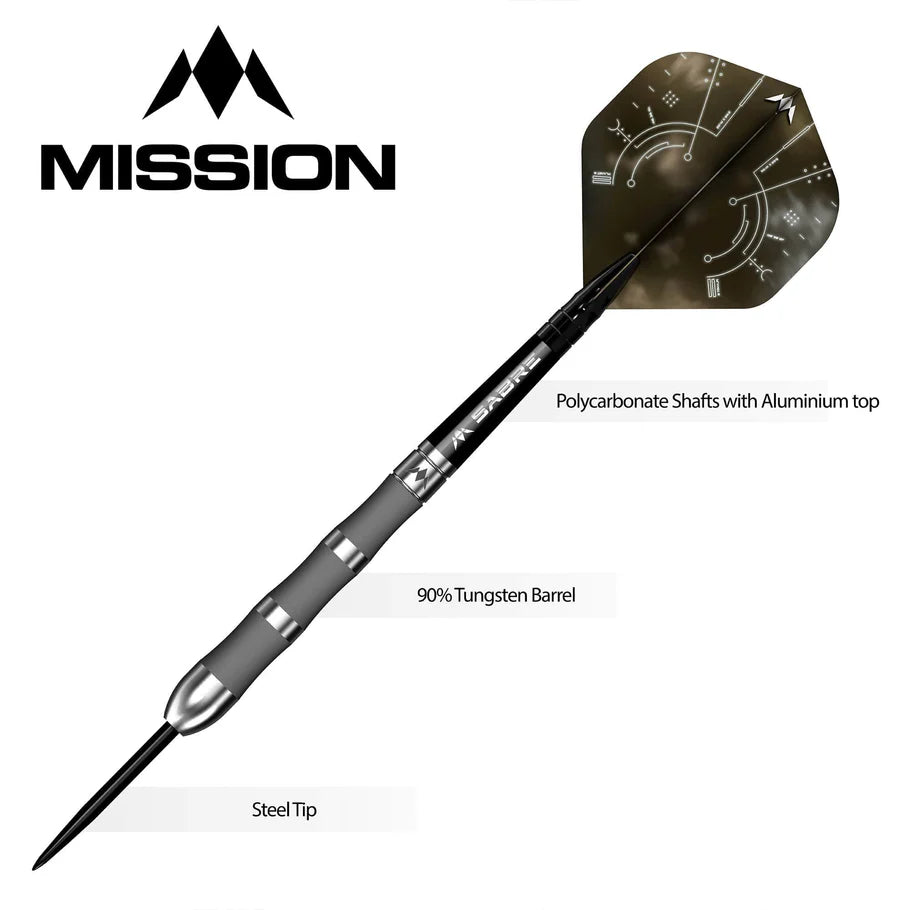 Angled full view of steel tip dart with 90% tungsten barrel, polycarbonate shaft, aluminum top, textured grip, and labeled features