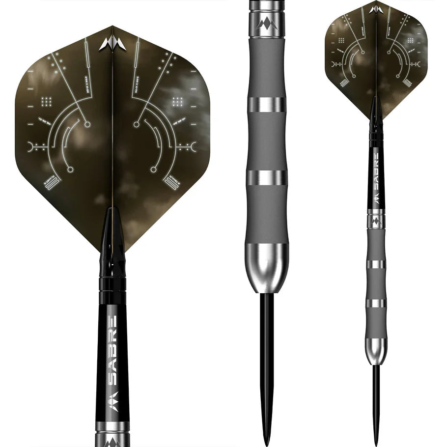 Steel tip darts with grooved tungsten barrels and futuristic flight design, close-up and full views on white background