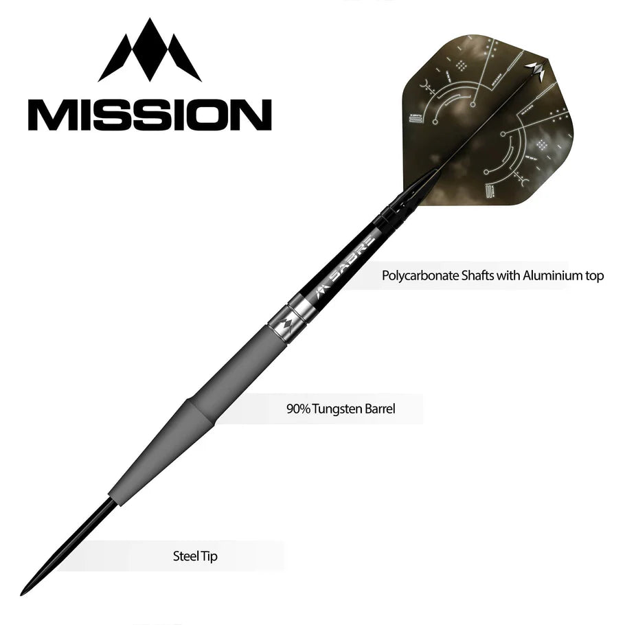 Steel tip dart with 90% tungsten barrel, polycarbonate shaft, and aluminum top, shown in full product view on white background