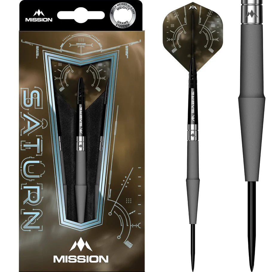 Steel tip tungsten dart in retail packaging and close-up, highlighting matte barrel grip and geometric dart flight design