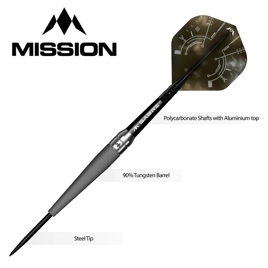 Steel tip dart full view on white background highlighting 90% tungsten barrel, polycarbonate shaft, and futuristic flight