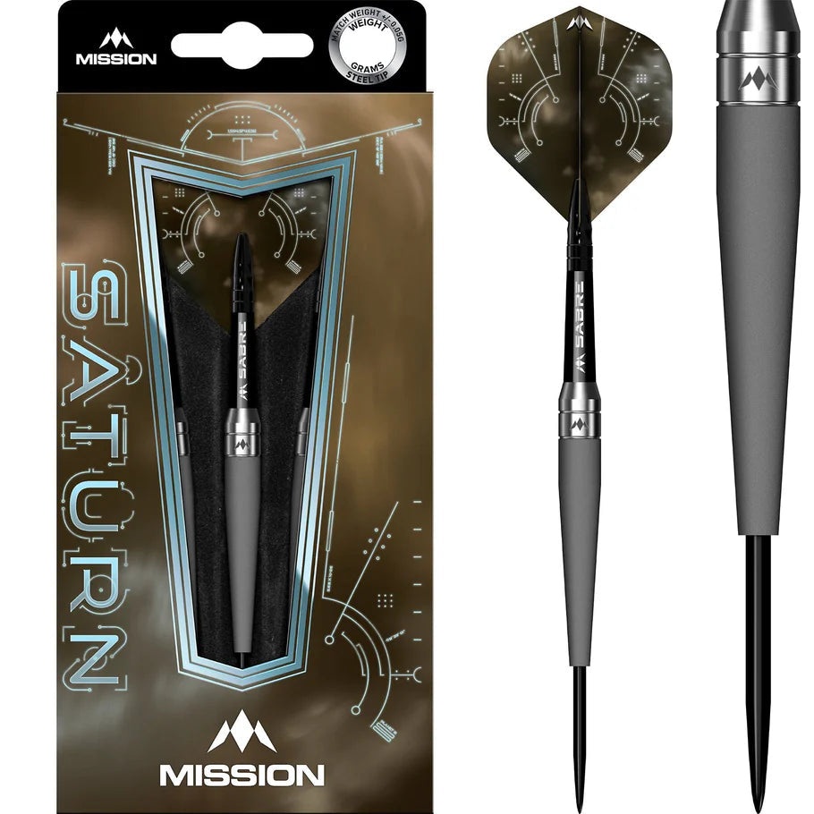Steel tip dart in retail pack alongside isolated dart, showcasing 90% tungsten barrel and angular flight design for darts players