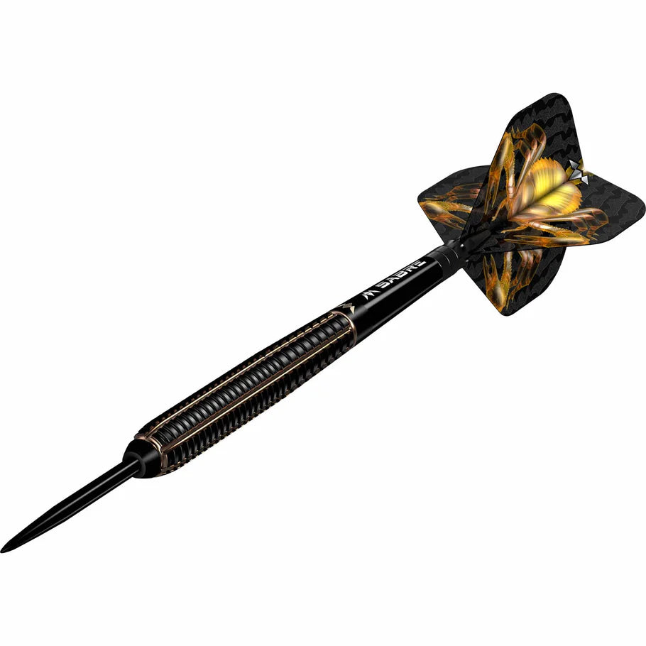Angled view of 90 percent tungsten dart with detailed grip barrel and scorpion design flights, isolated on white background