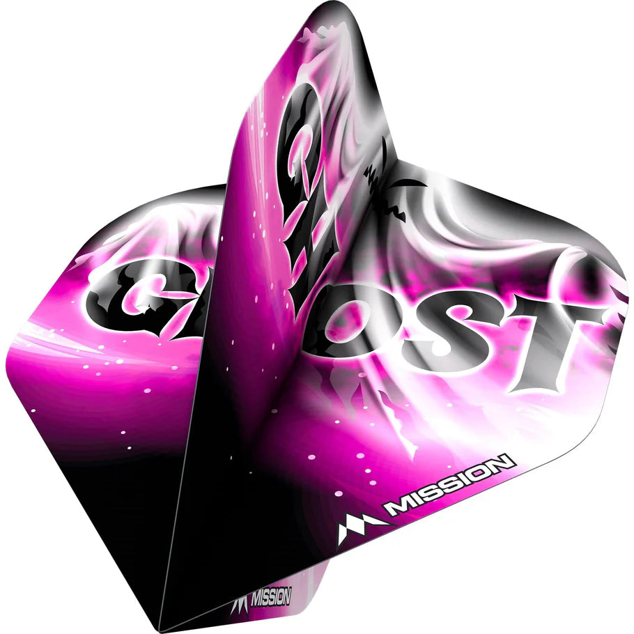 Close-up angled view of a single dart flight with bold pink, black, and white Ghost graphic, isolated on white for dart setup clarity