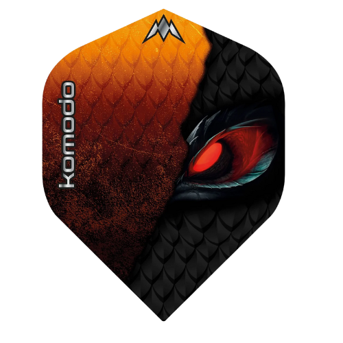 Close-up of Komodo No.2 dart flight with orange and black scale pattern and dragon eye design, isolated on white background