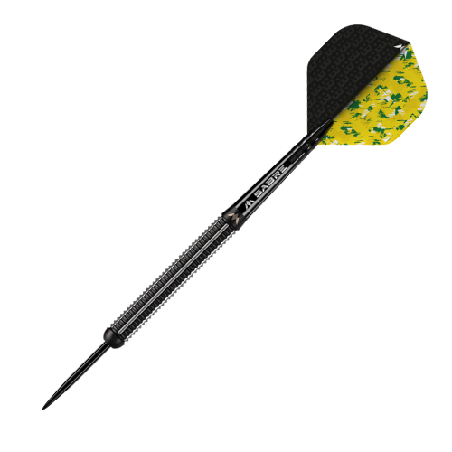 Full dart isolated on white, showing textured barrel grip, black steel tip, and yellow-green patterned flight for tungsten dart enthusiasts