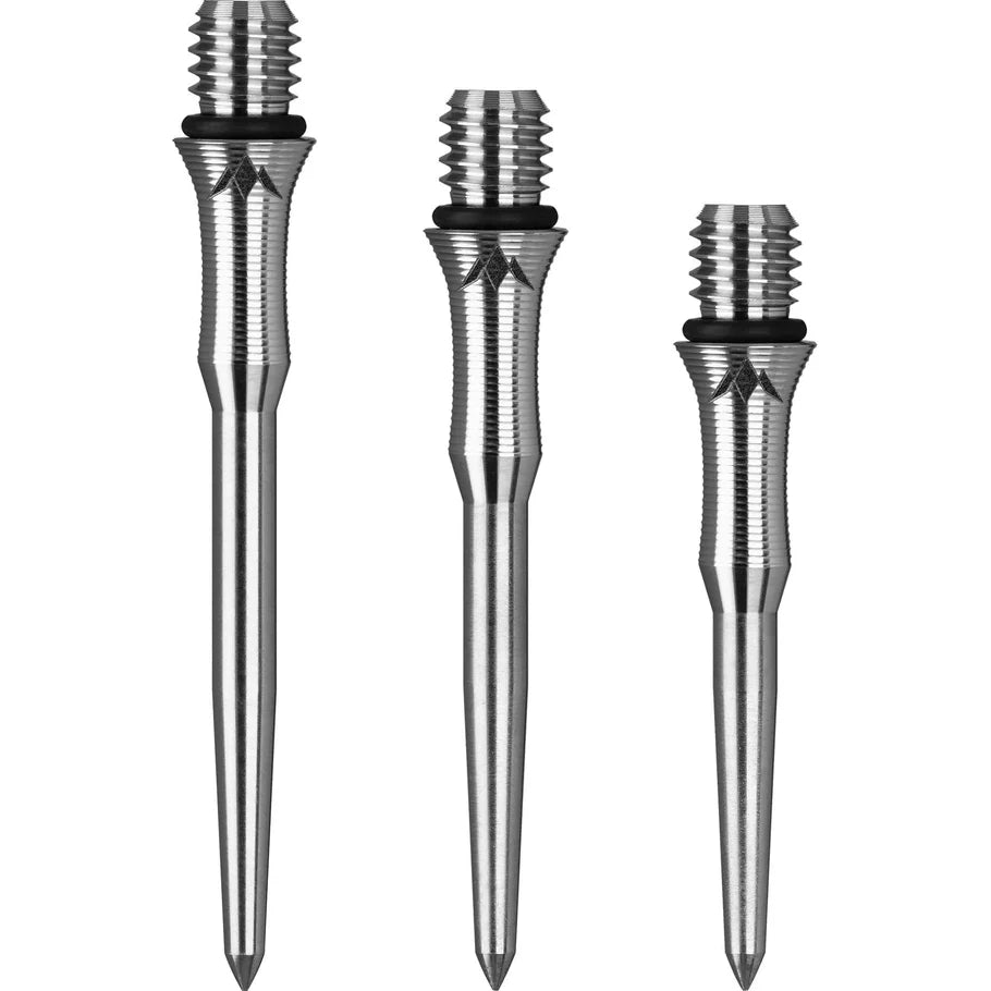 Three titanium edge conversion dart points with silicon O-rings displayed upright on a white background, showing grip texture and tip designs.