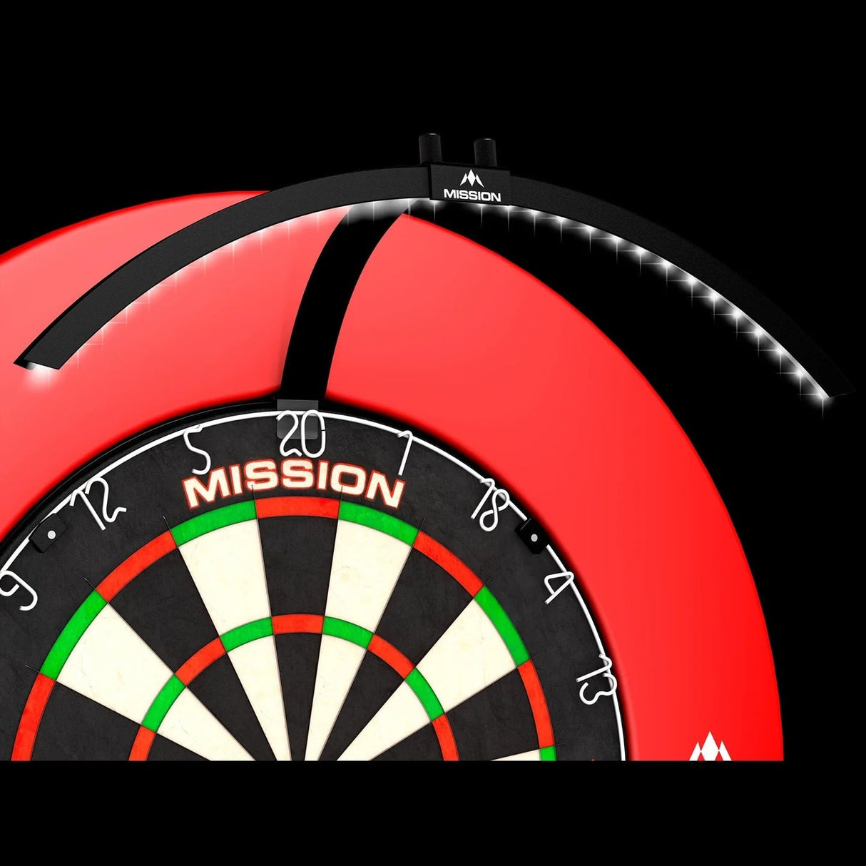 Angled close-up of folding LED dartboard light illuminating dartboard with numbers and red surround, perfect for darts setup