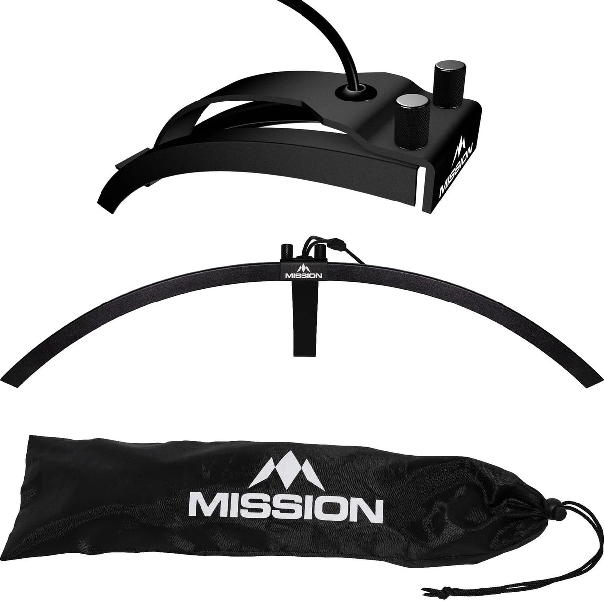 Folding travel dartboard light arms, mounting detail, and portable storage bag for dartboard lighting system on white background