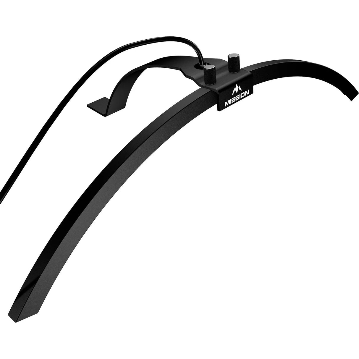 Angled close-up of folding dartboard light with curved arm and mounting bracket on white background, highlighting lighting solution for darts setup