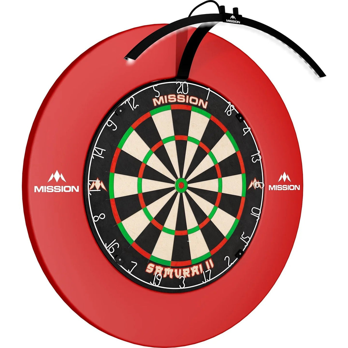 Top-down view of folding portable dartboard light mounted above dartboard with red surround, highlighting even board illumination