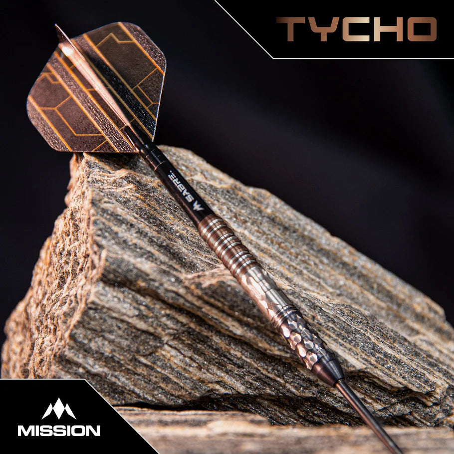 95% tungsten dart with precision ringed grip and geometric flight, angled view on stone for detailed barrel and shaft focus