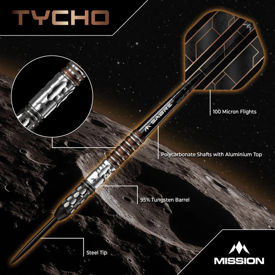 Angled view of 95% tungsten dart showing steel tip, grip texture, polycarbonate shaft, aluminum top, and 100 micron flights