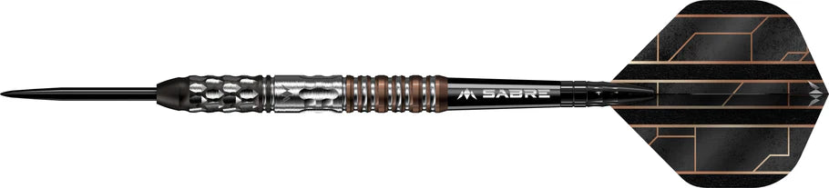 Side view of 95% tungsten dart with detailed knurled grip and black geometric flight, isolated on white background.