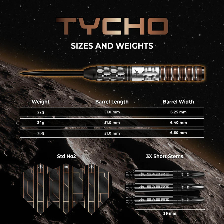 Full view tungsten dart with detailed barrel texture, size chart, three standard No2 flights, and three 36mm short stems on dark space background