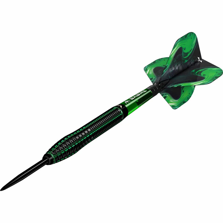 Angled view of tungsten dart with black PVD barrel, green electro plate grip, patterned green flights on white background