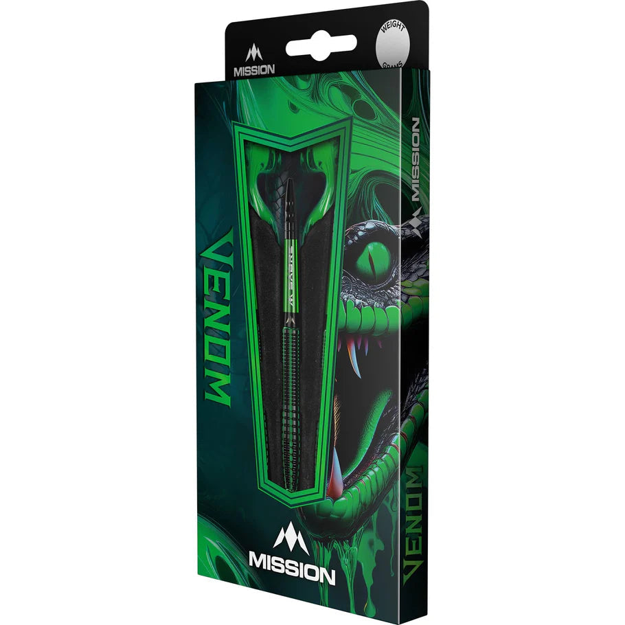 Angled view of 90% tungsten darts in display box, black barrel with green accents, snake-themed design, flights visible in packaging