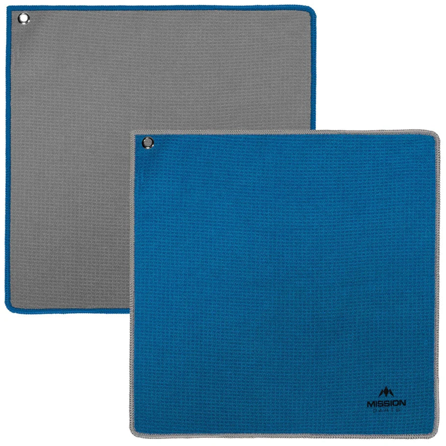 Two waffle weave dart hand towels in blue and grey, flat lay with metal eyelets, ideal for moisture control in dart games