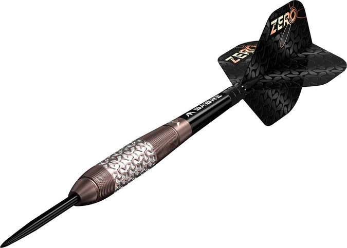 Angled close-up of 97.5% tungsten steel tip dart with textured barrel grip and patterned black Zero flights on white background