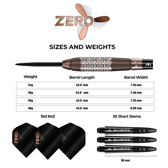 Top-down view of tungsten dart barrel close-up with grip detail, size and weight chart, three black dart flights, and three short stems with 36mm measurement.
