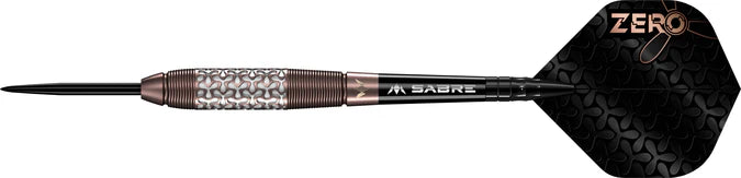 Steel tip tungsten dart full view with bronze patterned grip, black flight, and SABRE shaft, isolated on white background
