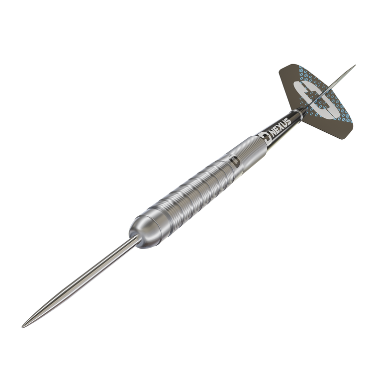 Angled view of 90% tungsten dart with precision barrel grooves, steel tip, and textured grip, isolated on white background