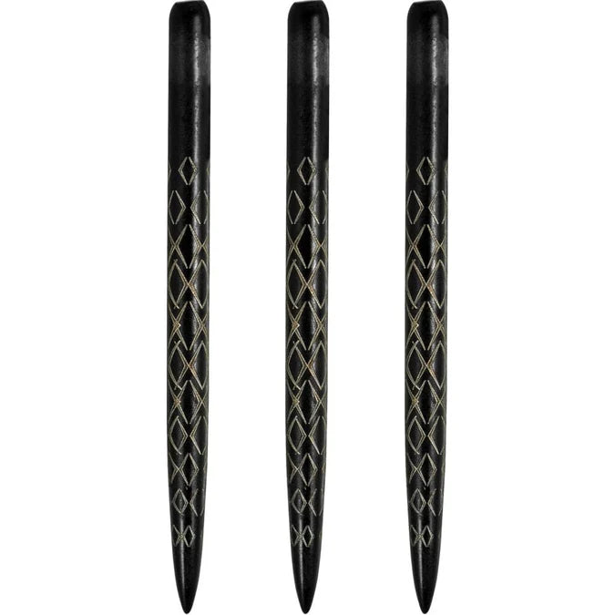 Three Aztec dart points full view with diamond grip texture, isolated on white, showcasing steel tip design for darts