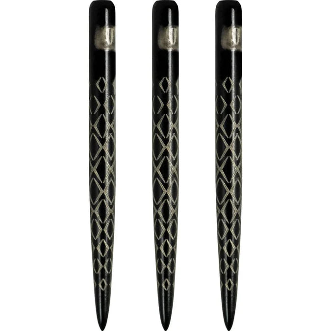 Three Aztec dart points arranged upright on white background highlighting intricate grip engraving and precision steel tip detail