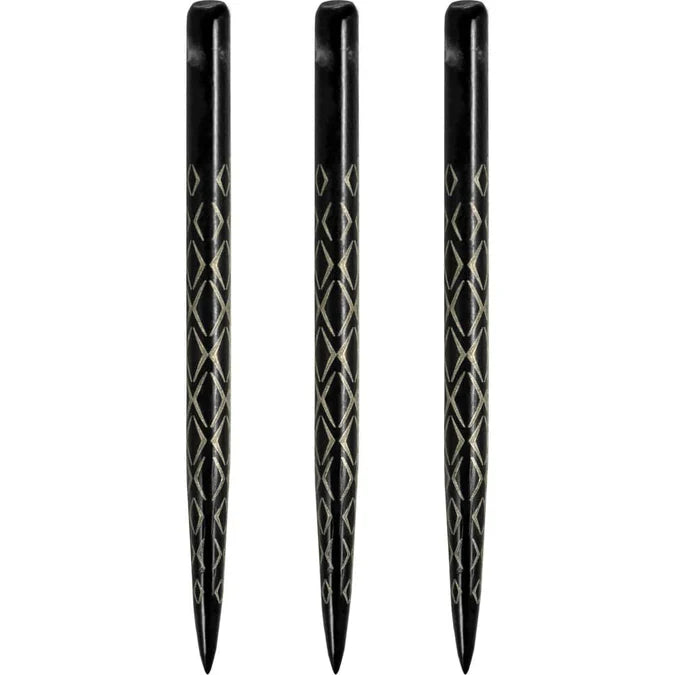 Three black dart points with etched diamond grip pattern displayed vertically on white background