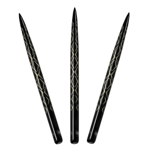 Three black Aztec dart points isolated on white background with engraved grip pattern for steel tip darts