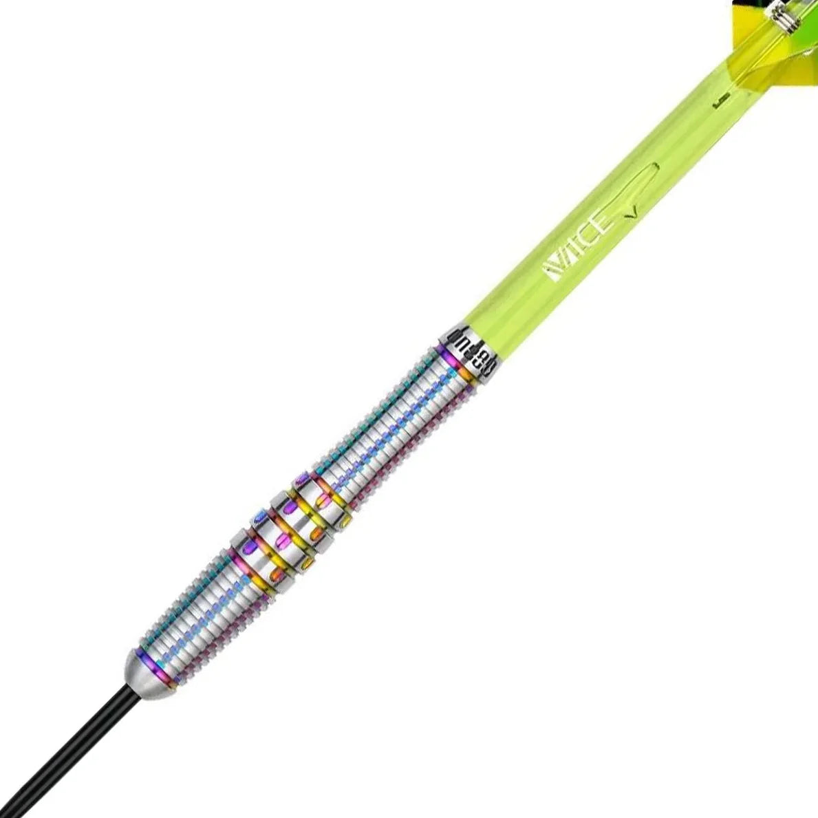 Close-up angled view of chameleon citrine tungsten dart highlighting colorful ringed barrel grip and smooth yellow shaft for precision darts players