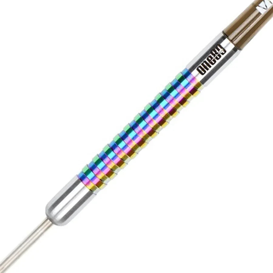 Close-up of Chameleon Jade 90% tungsten dart barrel with rainbow ringed grip and fine knurling, isolated on white background
