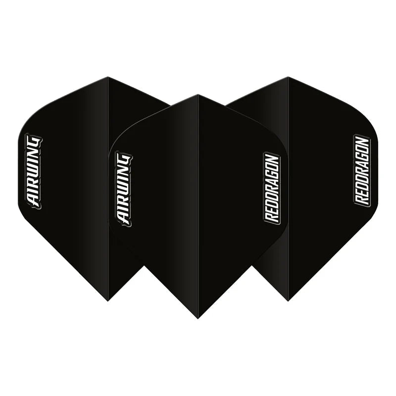 Set of three black moulded No.2 dart flights with Airwing and Red Dragon logos, full product display on white background