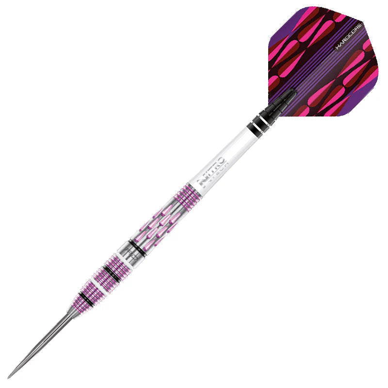 Full view tungsten dart with shocking pink milled barrel, teardrop grip, and patterned flight on white background