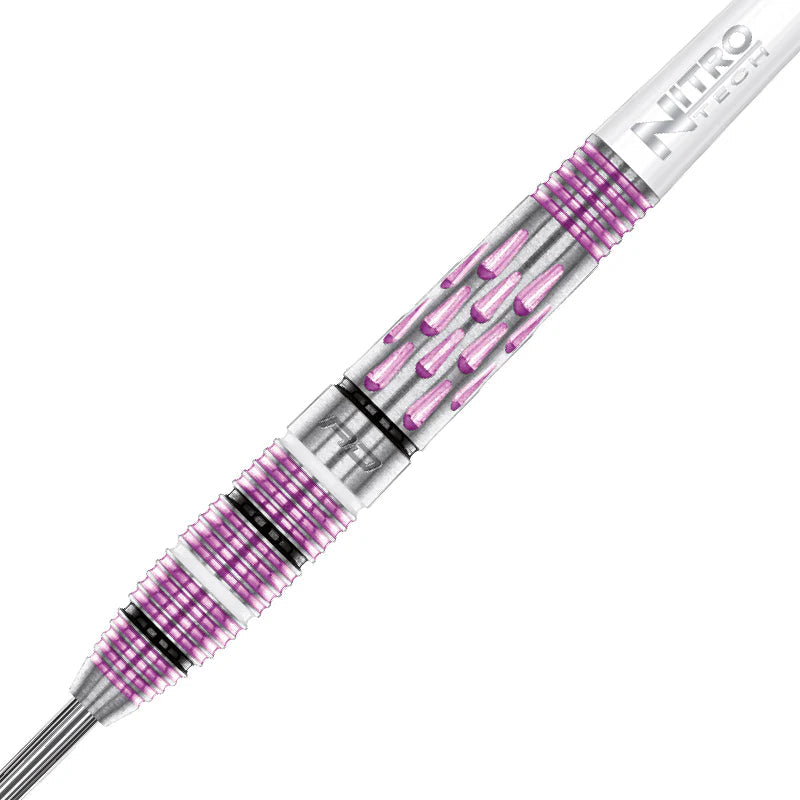 Close-up of tungsten dart showing pink PVD barrel, deep milled grip, teardrop styling, and sleek shaft on white background