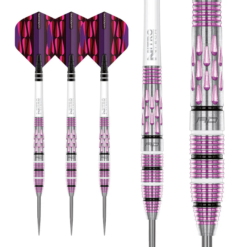 angled and close-up view of tungsten darts with pink milled barrel grip, silver points, and vibrant patterned flights on white background