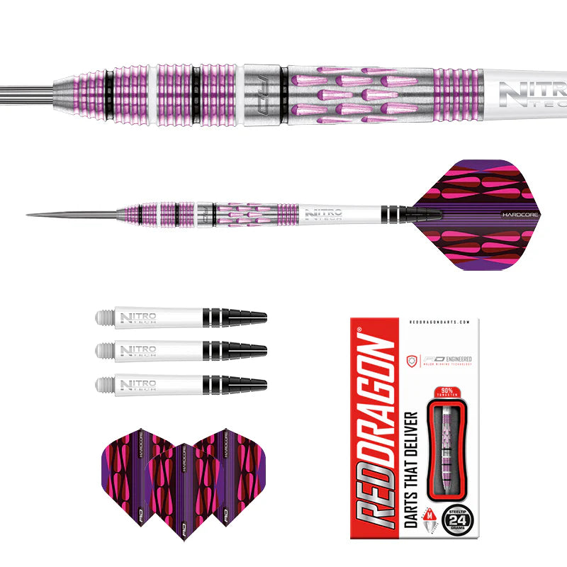 Flat lay of Artura Shocking Pinks 90% tungsten darts with pink PVD milled grip, spare shafts, flights, and retail box packaging