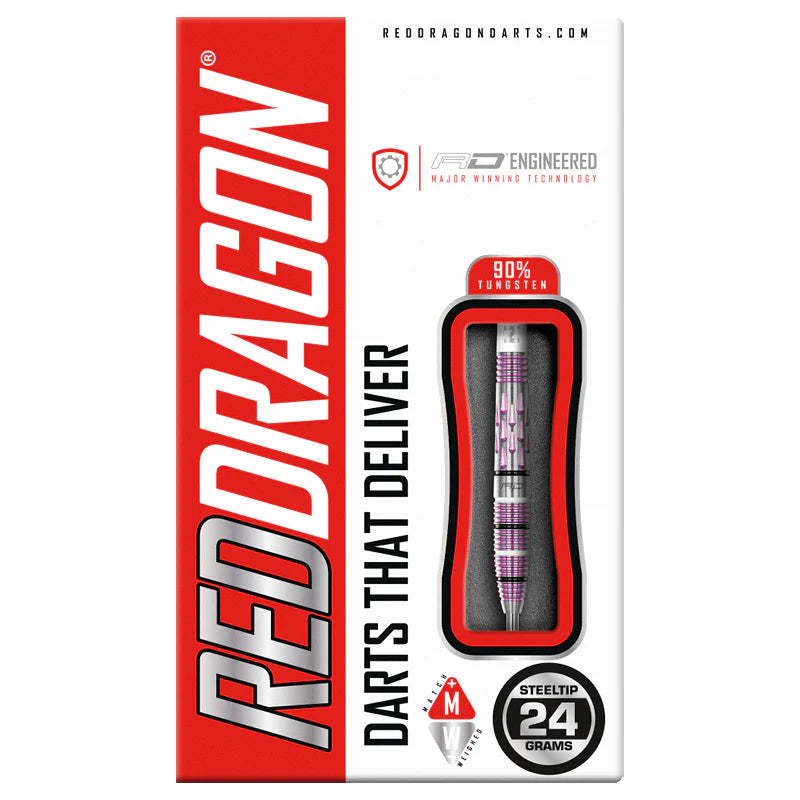 Steel tip dart in retail packaging with 90 percent tungsten shocking pink PVD milled barrel, 24 grams, window display